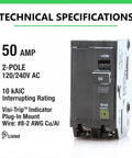 QO250 50 Amp 2 Pole Circuit Breaker Kit For 120/240V AC Load Centers And Panels Plug-In Mount 10kAIC Visi-Trip Indicator OEM Replacement front view
