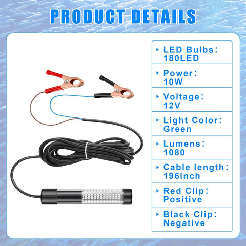 Diagram showing specifications of Two Pack 12V 10W Green Underwater Fishing Light Submersible LED Lure Attracting Lamp with connectors.