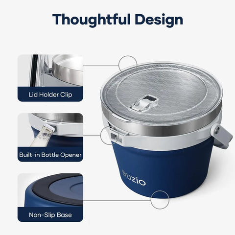 Close-up of 7 Liter Insulated Ice Bucket with lid, scoop, tongs, showing lid holder clip and built-in bottle opener.
