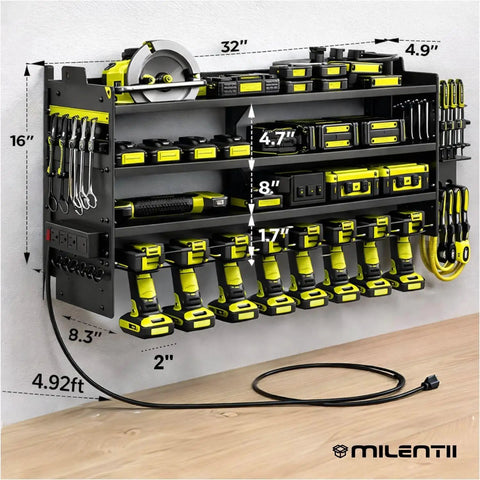 Six Shelf Heavy Duty Power Tool Organizer Wall Mount with Drill Holder Slots, Side Screwdriver Racks, and Hook Bar in garage.