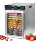 Heavy Duty Electric Food Dehydrator With Twelve Stainless Steel Trays And A Badass 1200 Watt Motor Providing 360 Degree Even Heat Circulation with dried fruits.