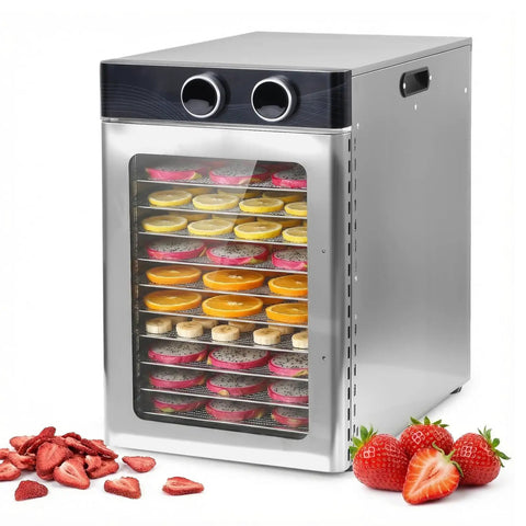 Top Shelf Electric Food Dehydrator With Twelve Built Tough Stainless Steel Trays For Quick 1200 Watt Drying Of Fresh Produce with fruits.