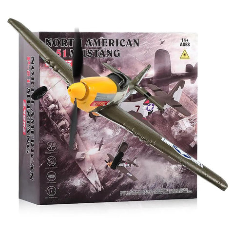 Mustang Fighter RC Plane For Adults, Beginners, And Kids against box and sky backdrop