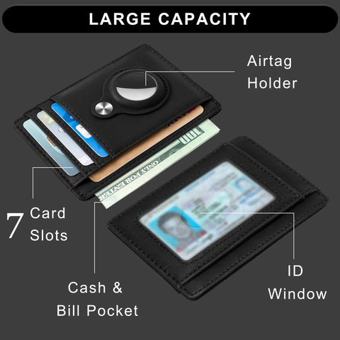 Ultra Slim Front Pocket AirTag Wallet With RFID Blocking Card Holder And AirTag Slot, Minimalist EDC Wallet For Men with compartments open