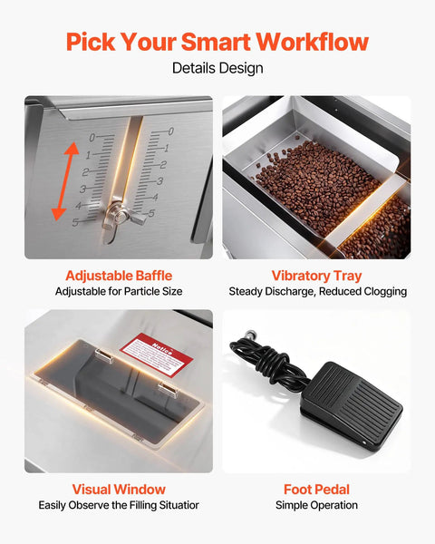 Slick Automatic Filling Machine With Smart Weighing Sensor And Foot Pedal For Coffee Beans Grains Spices Stainless Steel Particle Dispenser adjustable baffle, vibratory tray, visual window, foot pedal.
