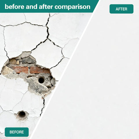 Before and after wall repair using Drywall Repair Kit For Large Holes And Damaged Walls 25 Piece Patch Set With Scrapers Sandpaper And Gloves