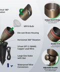Beefy Solid Brass Landscape Spotlight With 5W MR16 LED Bulb, Low Voltage Outdoor Uplight features and build materials