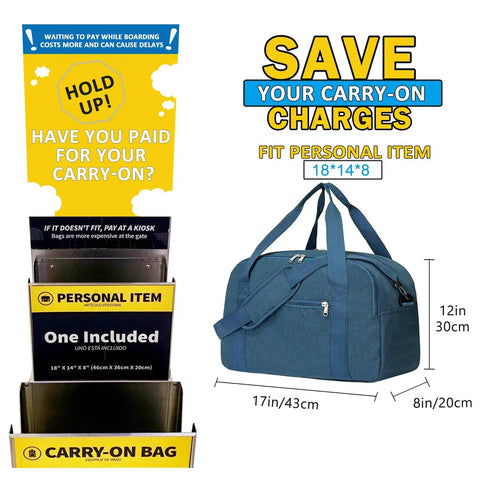 Underseat Travel Duffel With Laptop Compartment And Wet Pocket 25L Carry On Bag That Fits 18x14x8 Inches Navy Blue shown with dimensions