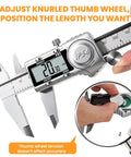Digital Caliper 6 Inch All Metal IP54 Rated Tough As Nails With ABS Auto Off Inch mm Fraction Readout showcasing thumb wheel.