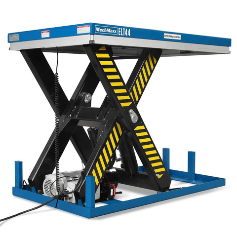 Heavy Duty Wireless Hydraulic Lift Table With 4400 Lbs Capacity, 51 Inch platform view with black and yellow striped base.