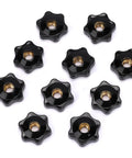 10-pack black star-shaped metal clamping knobs with brass 1/4-20 female thread