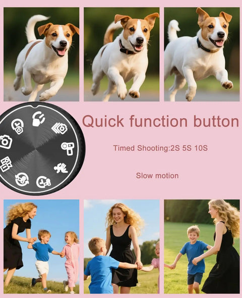 Images showcasing quick function button features on 5K 75MP Autofocus Vlogging Camera With WiFi And 64GB Card Included 180 Degree Flip Screen YouTube Ready Travel Kit For Beginners And Teens Dope Vlog Camera For Photos Videos And Social Media with playful dogs and family outdoors.