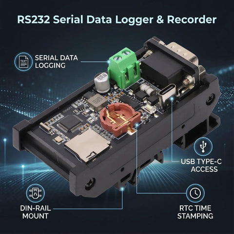 Straight Fire RS232 Serial Port Recorder For Capturing Critical Data Logs Directly To Memory Card With Spot On Timestamps, compact design with USB Type-C access.