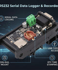 Badass Rs232 Serial Port Data Logger Captures Up To Two Mbps Straight To Memory Card For Automotive Tuning And Industrial Debugging With Sweet Txt Bin Output And CR1220 Battery Pack, featuring USB Type-C and DIN-rail mount.