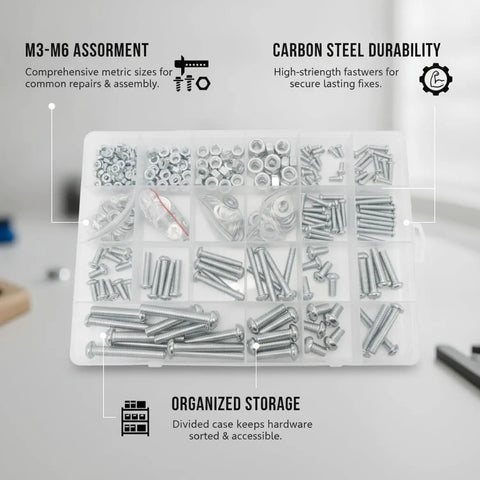 All In One Screw Nut And Washer Assortment Kit M3 To M6 Carbon Steel Hardware Set With Storage Box and organized compartments