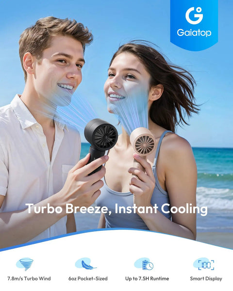 Couple using Compact Handheld Personal Fan With Turbo Wind On The Go USB Rechargeable Mini Cooler For Travel And Outdoors