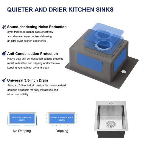 15x17 Inch Single Bowl Bar Kitchen Sink Topmount 304 Stainless Steel 8 Inch Deep Drop In Overmount Design With Basket Strainer Three Point Five Inch Drain Small Space Friendly Built To Last And Easy Clean, featuring anti-condensation coating and sound-deadening noise reduction.