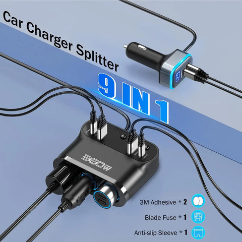 Bulletproof Car Cigarette Lighter Splitter Adapter With Triple 12V Sockets And Six Usb Ports serving fast charging, sleek design.
