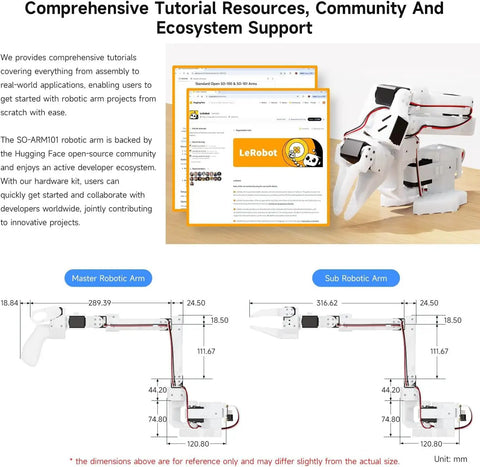 Open Source 6 Axis Robotic Arm Kit For DIY Geeks With Native Hugging Face LeRobot Support, size comparison diagram