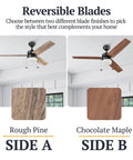 48 Inch Modern Farmhouse LED Ceiling Fan With Light and Pull Chain, showing reversible blades in Rough Pine and Chocolate Maple.