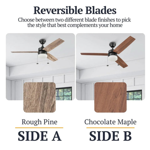 48 Inch Modern Farmhouse LED Ceiling Fan With Light and Pull Chain, showing reversible blades in Rough Pine and Chocolate Maple.