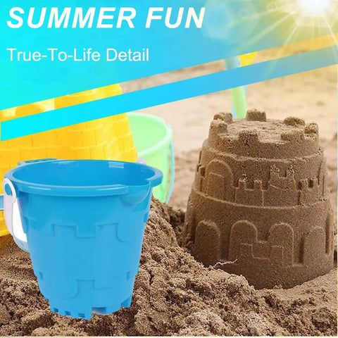Castle Beach Toy Set For Kids 3 Pack 7 Inch Sand Buckets, blue plastic bucket next to sandcastle on beach