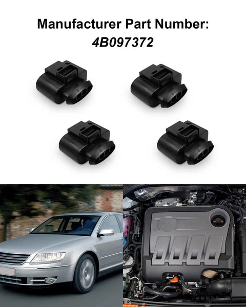 4 Pack Ignition Coil Connector Repair Kit Fits VW Passat Tiguan Beetle Golf Jetta And Audi A3 A4 A5 A6 Q7 TT R8 Harness Plug Replacement 4B0973724 Direct Fit shown with car and engine bay