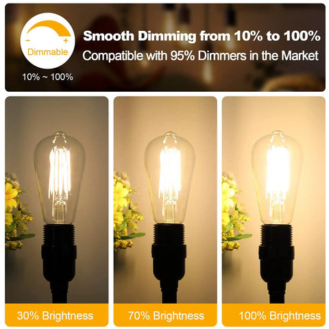 Vintage LED Edison Bulbs 60 Watt Equivalent Dimmable ST58 Filament Lights Old School Glow Warm White 3000K display of dimmable settings.