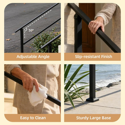 Heavy Duty Outdoor Handrails For 5 Step Exterior Stairs Solid Wrought Iron Railing displaying adjustable angle and slip-resistant finish.