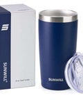 20 Oz Travel Coffee Tumbler Insulated Stainless Steel Cup With Lid in navy with box, keeps drinks hot for 6 hours and cold for 24 hours