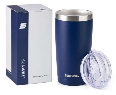 20 Oz Travel Coffee Tumbler Insulated Stainless Steel Cup With Lid in navy with box, keeps drinks hot for 6 hours and cold for 24 hours