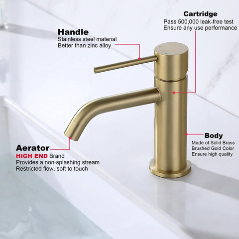 Brushed Gold Bathroom Faucet With Single Handle For One Hole Sinks Built From Brass And Stainless Steel Includes Pop Up Drain Assembly And Water Supply Lines Drip Free Cartridge And Easy Install Vanity Faucet with labeled parts
