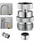 Sink Faucet To Garden Hose Adapter With 360 Degree Swivel Ball Joint And Aerator, Chrome Finish, Three Quarter Inch GHT Thread, Kitchen And Bathroom Water Hose Connector For Flexible, Anti Kink Watering And Easy Hose Direction. Chrome brass adapter with aerator