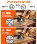 High-Output 6 1 2-Inch Cordless Circular Saw For Gnarly Cuts On Any 20V System Includes Two Blades And Guide Ruler For Crisp Slices Every Pass showing 40T and 24T blades ideal for hard and soft wood cutting.