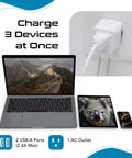 Laptop, tablet, and phone charging via Ultra Compact USA To Type I Travel Adapter With Dual USB Input For Australia New Zealand And China Perfect For Cell Phones Chargers Cameras And More 10-15A 250V Safe.