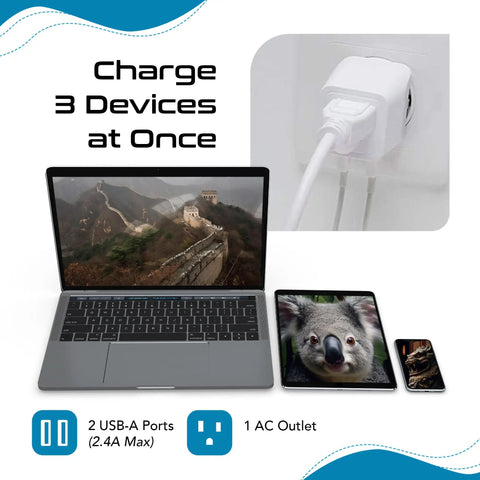 Laptop, tablet, and phone charging via Ultra Compact USA To Type I Travel Adapter With Dual USB Input For Australia New Zealand And China Perfect For Cell Phones Chargers Cameras And More 10-15A 250V Safe.