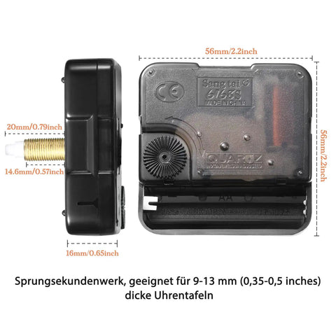 Two Piece High Torque Long Shaft Clock Movements With Five Pairs Of Hands, DIY Clock Repair Kit, side and front view