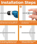 Installation steps for Heavy Duty Drywall Toggle Bolt Set With 34 Piece Pack For Hollow Walls Includes Quarter Inch Screws Up To 150 Lbs.