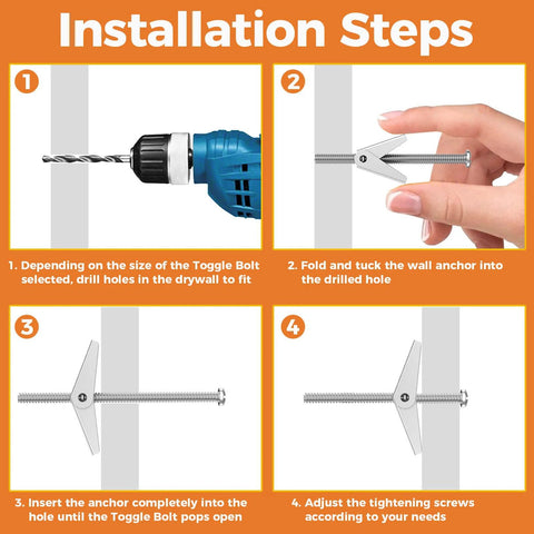 Installation steps for Heavy Duty Drywall Toggle Bolt Set With 34 Piece Pack For Hollow Walls Includes Quarter Inch Screws Up To 150 Lbs.