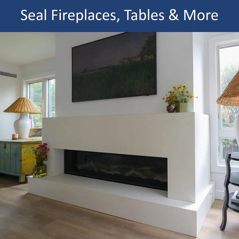 Clear Low Sheen Finish 24 Oz Kit Covers 170 Sq Ft sealant over a modern concrete fireplace and decor.