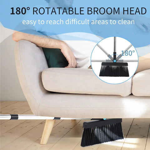 No Sweat Heavy Duty Broom And Dustpan Combo Set Crafted With A Rust Resistant Steel Handle To Manage Daily Sweeping Jobs Indoors Or Knock Dirt Off The Driveway Fast, featuring a 180° rotatable broom head.