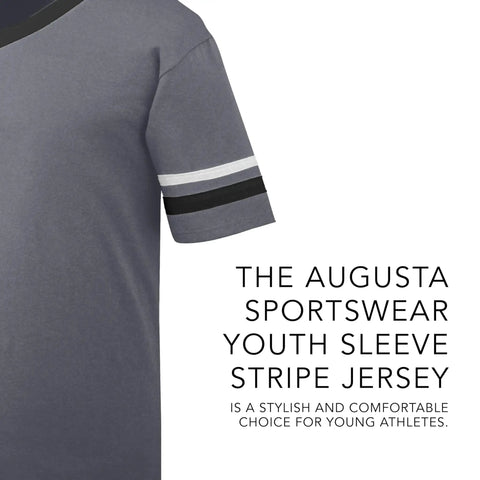 Youth Sleeve Stripe Jersey With V Neck Collar In Graphite Black White For Practice And Games Fifty Fifty Polyester Cotton Knit Comfortable Breathable Knit Set In Sleeves With Bold Contrast Stripes Size L featuring side view.