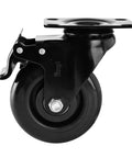 Side view of black 3-inch rubber wheel swivel caster with brake and metal mounting plate.