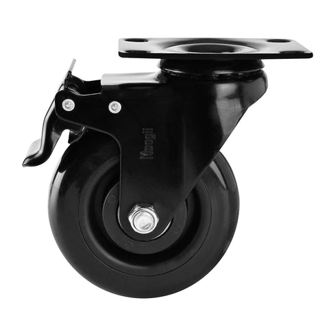 Side view of black 3-inch rubber wheel swivel caster with brake and metal mounting plate.