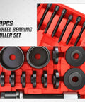 19 Piece Front Wheel Bearing Press Kit With Bearing Puller Tools in storage case, featuring sleeves, screws, and carbon steel construction.