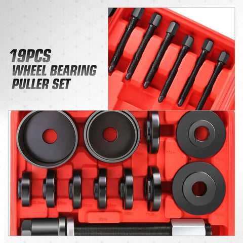 19 Piece Front Wheel Bearing Press Kit With Bearing Puller Tools in storage case, featuring sleeves, screws, and carbon steel construction.