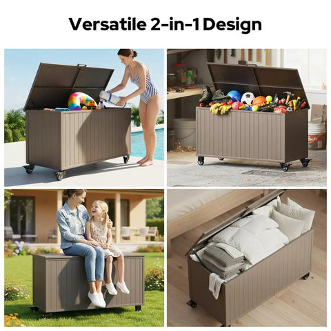 Outdoor Storage Box With Wheels 150 Gallon Wheeled Deck Box For Patio, Waterproof And UV Resistant used for toys and cushions