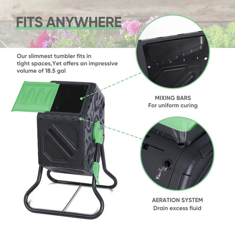 Image of 18.5 Gallon Compost Tumbler With Two Sliding Doors All Season Outdoor BPA Free PP And Solid Steel Frame with aeration system.