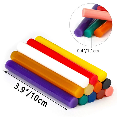 72 Pack Colored Hot Glue Sticks 0.4 x 3.9 Inches In 12 Colors For Crafts DIY Projects Repairs And General Gluing displayed in 12 colors.