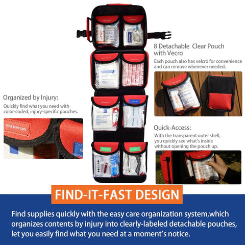 Super Falcon Rescue 418-Piece First Aid Kit in red and black roll-up organizer with eight detachable clear pouches